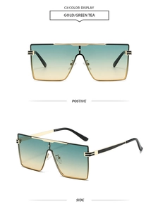 Front and side view of gold square sunglasses with gradient green tea lenses