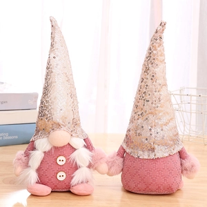 Pair of pink sequin gnome dolls with plush beards and braids for home holiday decoration