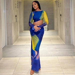 Abstract print mesh two-piece set featuring long sleeve crop top and bodycon maxi skirt