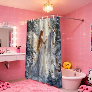 Close-up of waterproof 3D shower curtain featuring a magical fairy and unicorn design