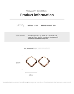 Detail view of large square leopard print earrings showing 5.5cm size and 19.6g weight