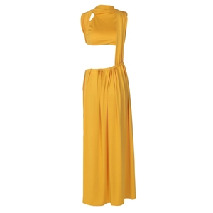 Detailed side view of yellow maxi dress with waist cut-outs and side tie-up ribbons