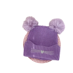 Winter knit beanie for girls with double purple faux fur pom-poms and cat embroidery