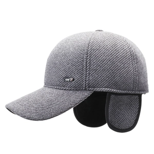 Winter thermal baseball cap for men with fold-down ear flaps in dark grey wool texture