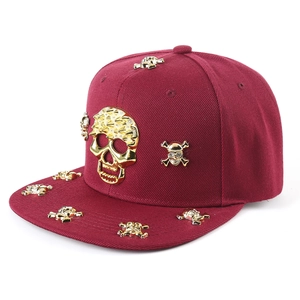 Hip-hop snapback flat brim hat in burgundy with gold metal skull and rivet decorations