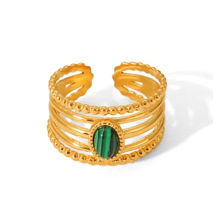 Detailed close-up of layered gold stainless steel ring with oval green malachite stone