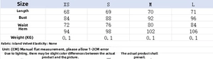 Size chart for asymmetrical shoulder top showing XS to L dimensions in centimeters