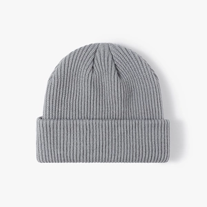 Winter warm thick double-layer ribbed knit ear-protection beanie hat in neutral grey