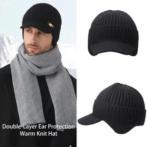 Classic winter knit hat and scarf set with ear protection and brim for outdoor warmth