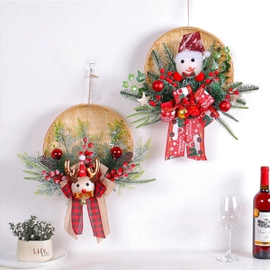 Bamboo Christmas wreath featuring Santa and Reindeer hanging decorations for holiday doors
