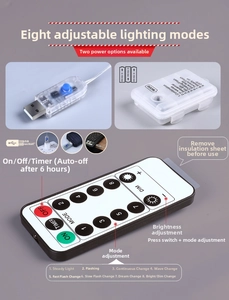 Detail of USB and battery power options with remote control for 8 modes LED fairy lights