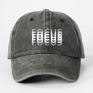 Faded dark grey FOCUS print washed denim baseball cap with a vintage distressed finish