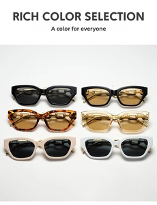 Modern cat eye sunglasses display with stylish gold chain temples in six trendy colors