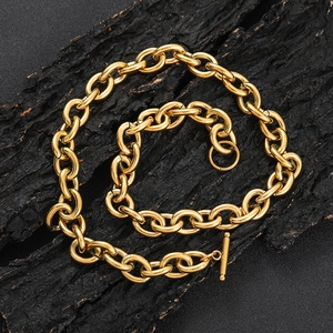 12mm gold stainless steel cable chain necklace featuring a vintage T-bar toggle clasp
