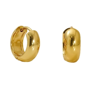 Polished 18k gold plated stainless steel chunky huggie hoop earrings on white background