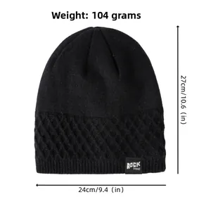 Size chart for black knit beanie showing 27cm height, 24cm width and 104g weight