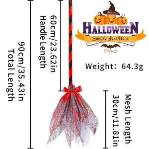 Halloween witch broom with red bow and spider web tulle, dimensions 90cm detail