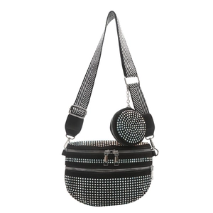 Modische schwarze Gürteltasche mit Strasssteinen, breitem Gurt und kleiner Geldbörse