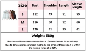 Detailed size chart for women's padded jacket with bust, shoulder, and length measurements