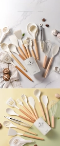 Macro view of cream silicone kitchen utensils with wooden handles in a storage bucket