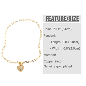Detail of zircon heart pendant necklace with dimensions 20x20mm and 51cm paperclip chain