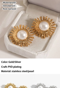 Close-up of pearl sunflower earrings with PVD gold plating and waterproof stainless steel