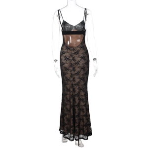 Detail of elegant V-neck lace maxi dress with backless design and slim fit silhouette