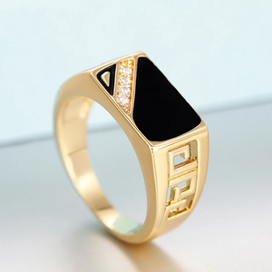 Vintage gold signet ring with black enamel inlay and micro-pave cubic zirconia accents