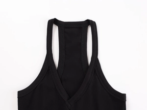 Macro detail of the deep V-neckline and ribbed knit texture on a black tank top