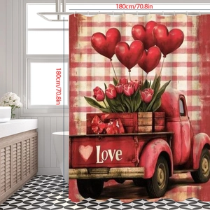 Detail view of Valentine shower curtain with vintage red truck and love heart pattern