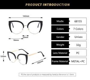 Detailed specs for cat eye half-frame glasses with metal and PC frame dimensions