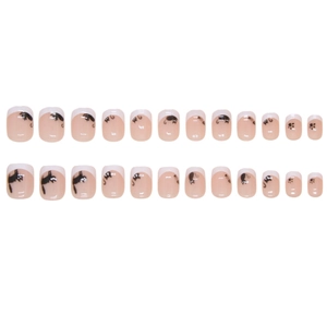 French tip press-on nails with cartoon black cat designs and paw prints, 24 piece set