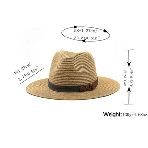 Detailed dimensions of the khaki straw fedora with green ribbon and leather buckle