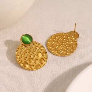 Vintage hammered gold stud earrings with round green cat-eye stone for women