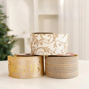 Christmas decorative ribbon set with golden Christmas prints and elegant swirl patterns