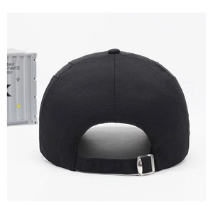 Rear view of black breathable mesh sports cap featuring an adjustable metal buckle strap