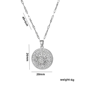 Silver sun disc necklace with zircon stones, showing dimensions 40+5cm and 20mm width
