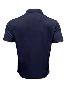 Back view of navy blue men's polo shirt showing premium breathable sports fabric texture