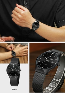Detailed view of black mesh strap and dial with date display on luxury men's quartz watch