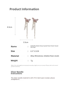 Macro detail of butterfly tassel earrings with silver needles and crystal dimensions