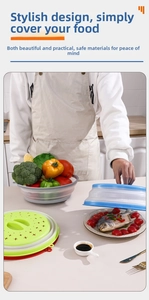 Collapsible silicone microwave splatter cover and food strainer lid for kitchen