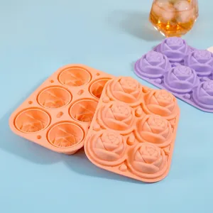 Rose Ice Cube Mold Silicone 6-Cavity Leakproof With Funnel Lid Reusable Whiskey Cocktail Large Floral Tray