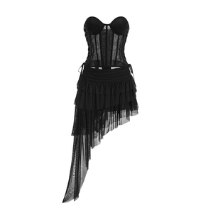 Detail of the black mesh lace corset top with asymmetrical layered ruffle skirt set
