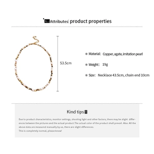 Technical drawing showing agate necklace dimensions with 43.5cm length and 10cm chain end