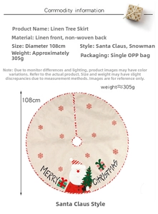 Detailed size specifications for the 108cm linen Santa Claus Christmas tree skirt