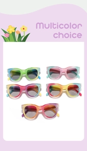 Flat lay of five pairs of glitter round frame rainbow sunglasses for children in various colors