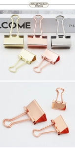 Close-up of assorted sizes and metallic colors of steel binder clips for stationery