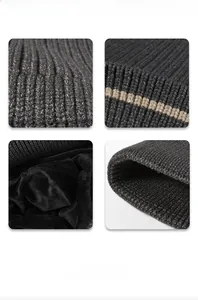 Detailed views of dark gray knit beanie with ribbed texture and thick fleece lining