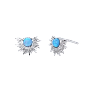 Close-up of S925 sterling silver sunburst earrings with blue opal gemstone centers