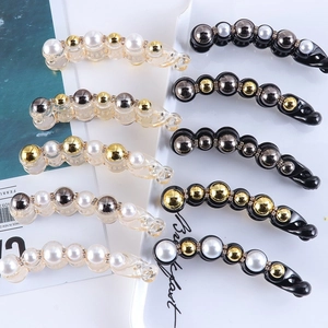Korean Minimalist Plastic Hair Banana Clip With Artificial Pearl Rhinestone Decor Geometric Round Hairgrip For Ponytail Women